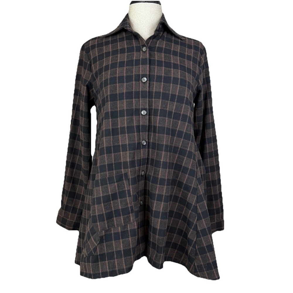 Shana Top Womens XS Brown Plaid Colorful Tunic Floral Art to Wear Artsy Boho - Picture 2 of 9